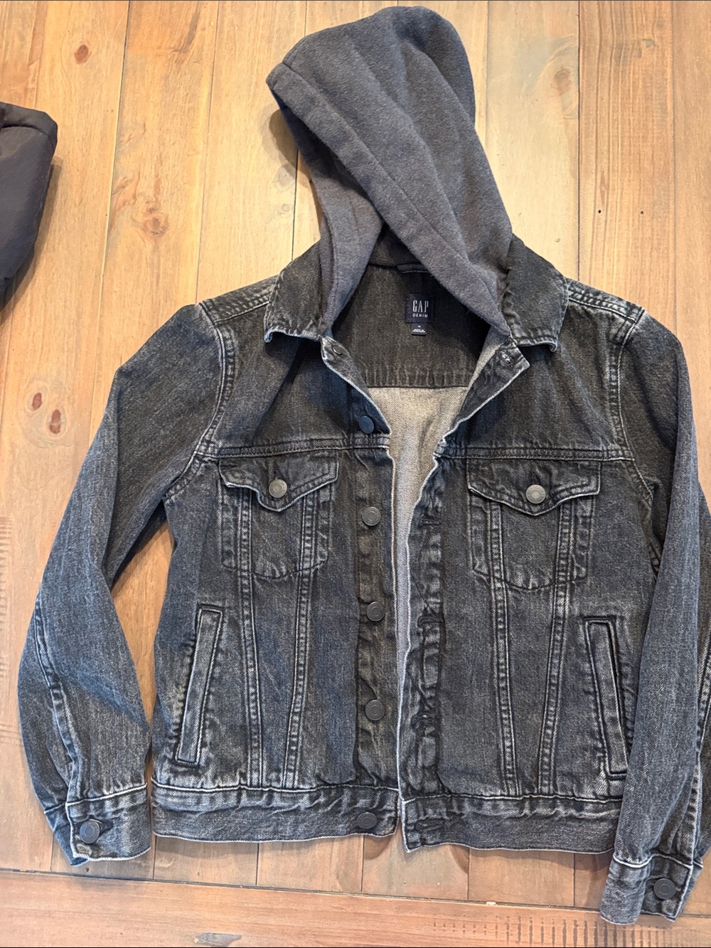 GAP Black Washed Denim Jacket with Gray Hood